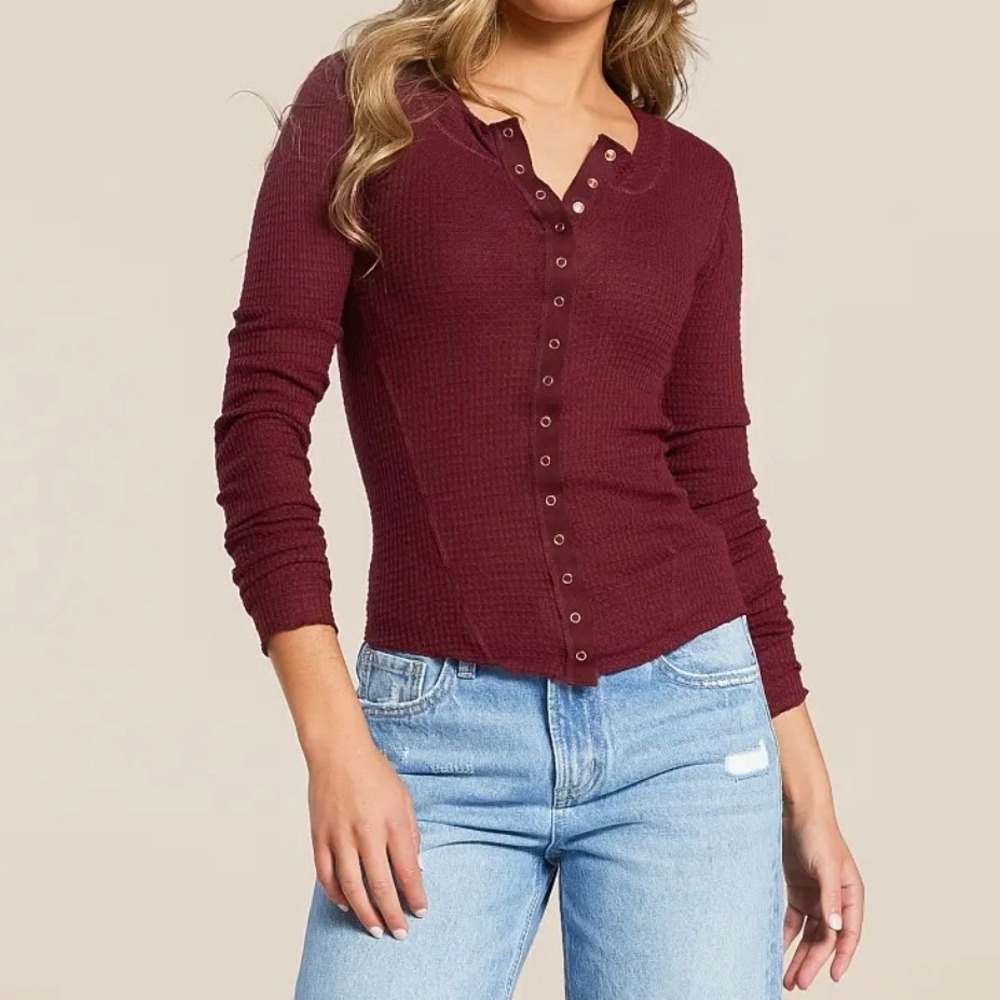 Free People Intimately Going Places Cardi Top Burgundy Waffle Henley Y2K Sz XS